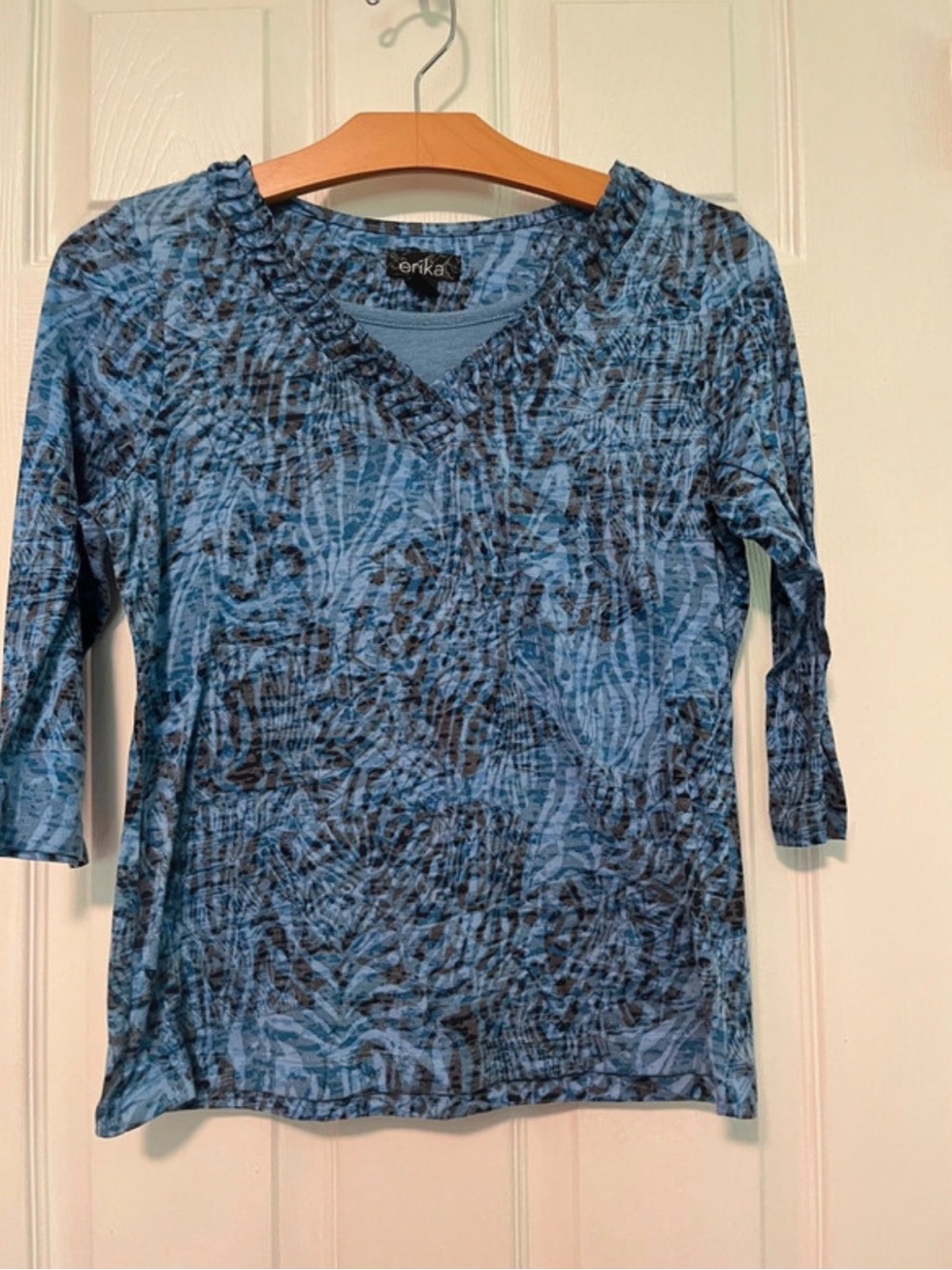 Erika Blue & Black Printed V-Neck Long Sleeve Top